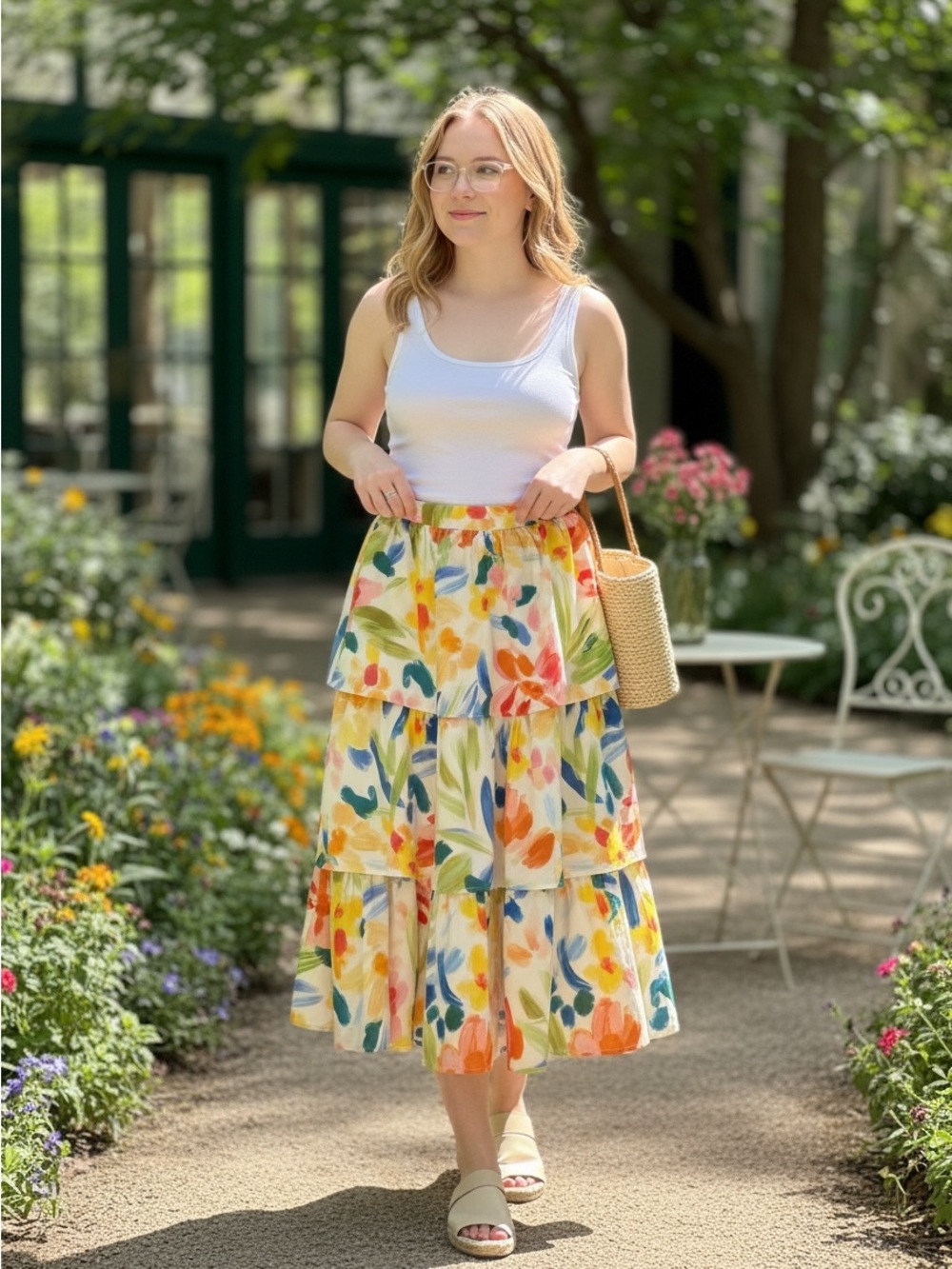 Prosperina Watercolor Floral Tiered Ruffle Midi Skirt Size S NWT